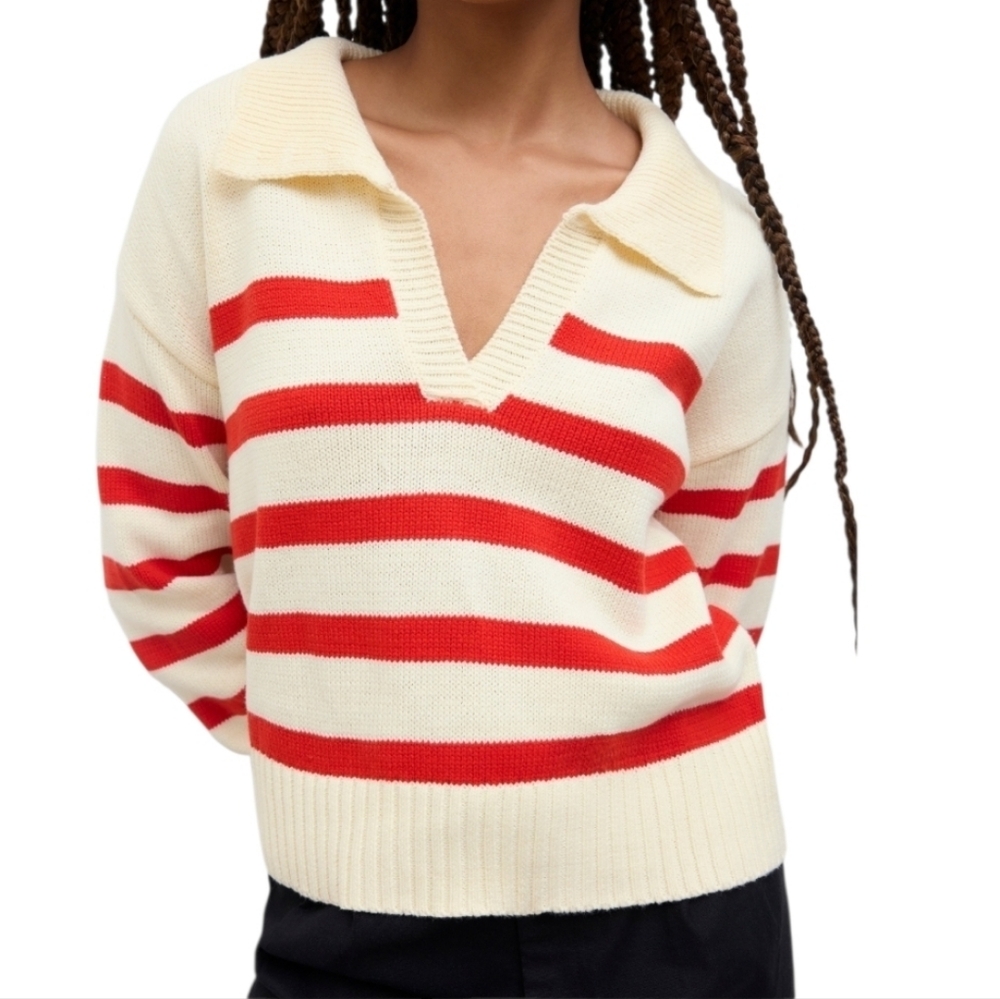 Women's Cider Red Striped Collared Sweater Sz XS